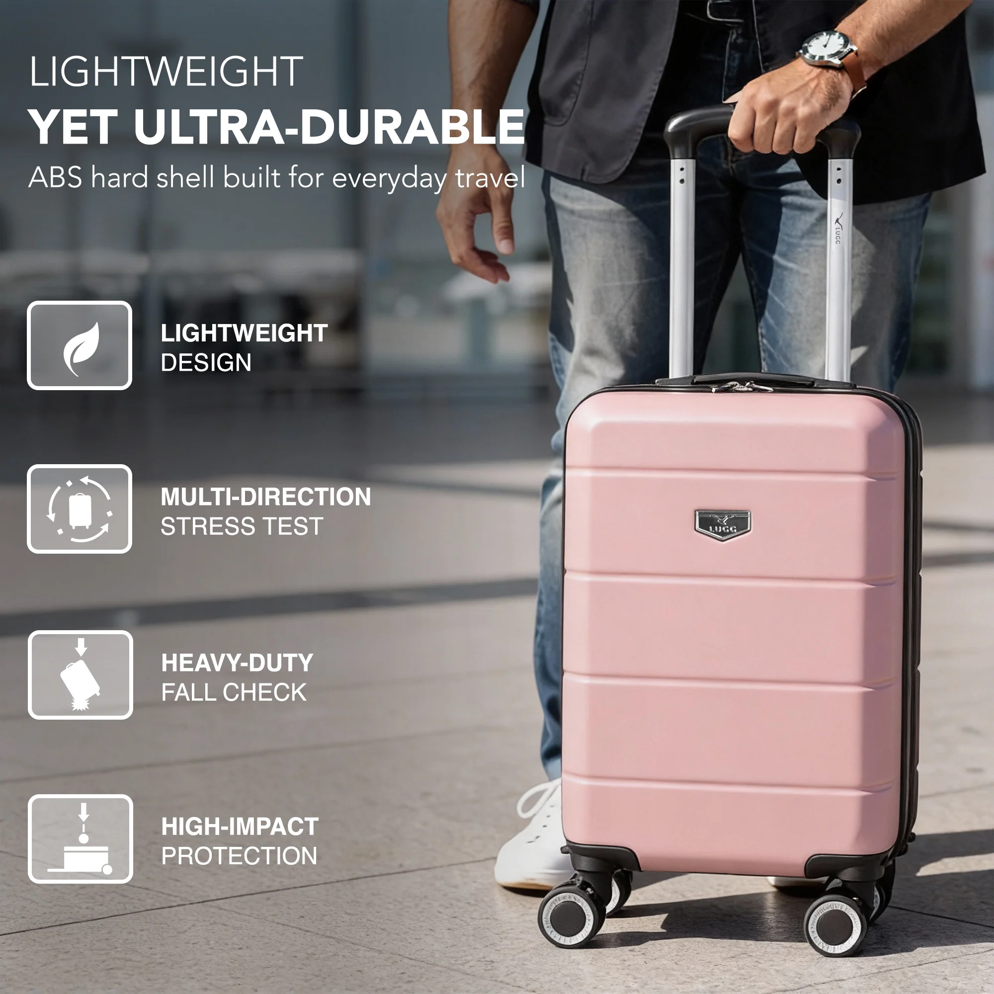LUGG - Jetset 40cm Suitcase - 40x30x20cm- Ryanair Compatible - Underseat Size - Hard Shell ABS - Spinner & Removable Wheels - Lightweight Travel Luggage- Rose Gold - Image 3