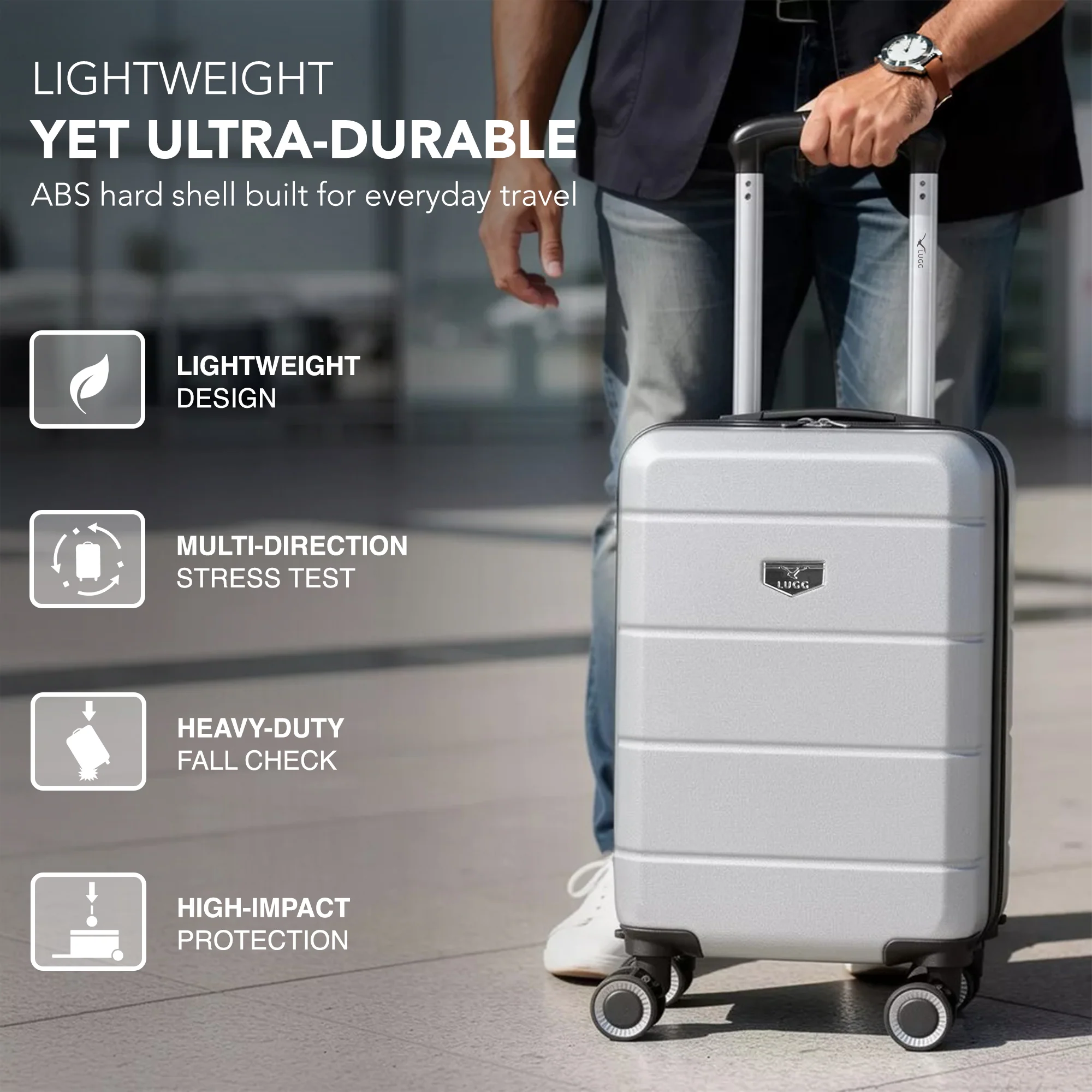 LUGG - Jetset 40cm Suitcase - 40x30x20cm- Ryanair Compatible - Underseat Size - Hard Shell ABS - Spinner & Removable Wheels - Lightweight Travel Luggage- Silver - Image 3
