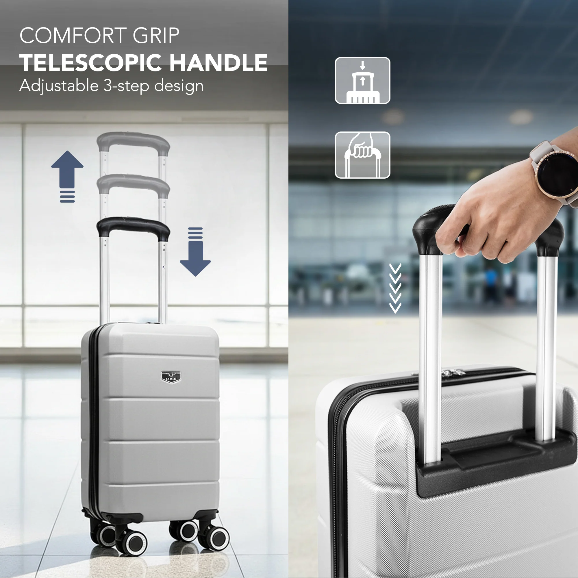 LUGG - Jetset 40cm Suitcase - 40x30x20cm- Ryanair Compatible - Underseat Size - Hard Shell ABS - Spinner & Removable Wheels - Lightweight Travel Luggage- Silver - Image 7
