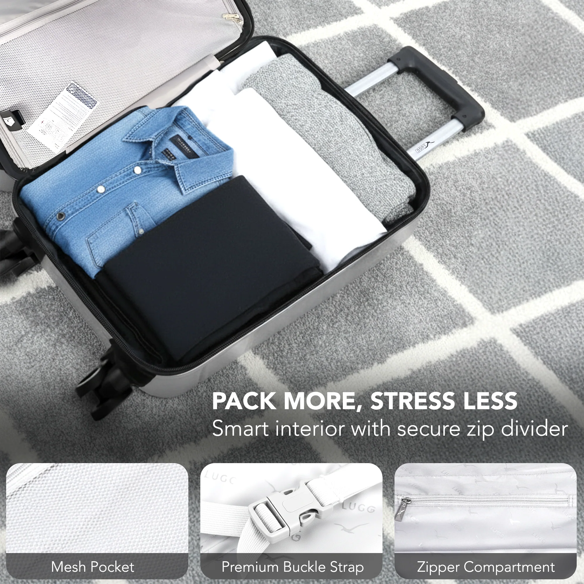 LUGG - Jetset 40cm Suitcase - 40x30x20cm- Ryanair Compatible - Underseat Size - Hard Shell ABS - Spinner & Removable Wheels - Lightweight Travel Luggage- Silver - Image 8