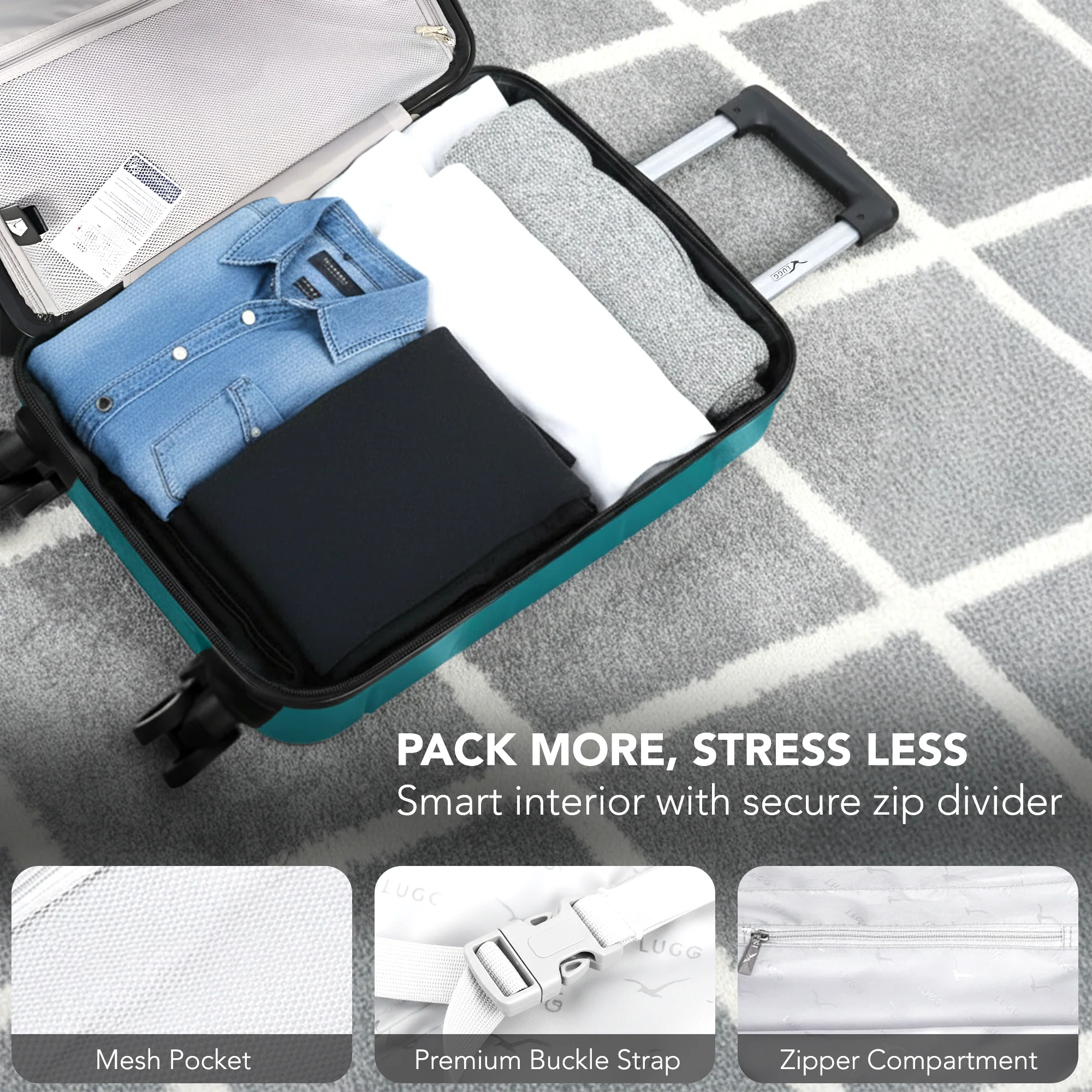 LUGG - Jetset 40cm Suitcase - 40x30x20cm- Ryanair Compatible - Underseat Size - Hard Shell ABS - Spinner & Removable Wheels - Lightweight Travel Luggage- Teal - Image 8