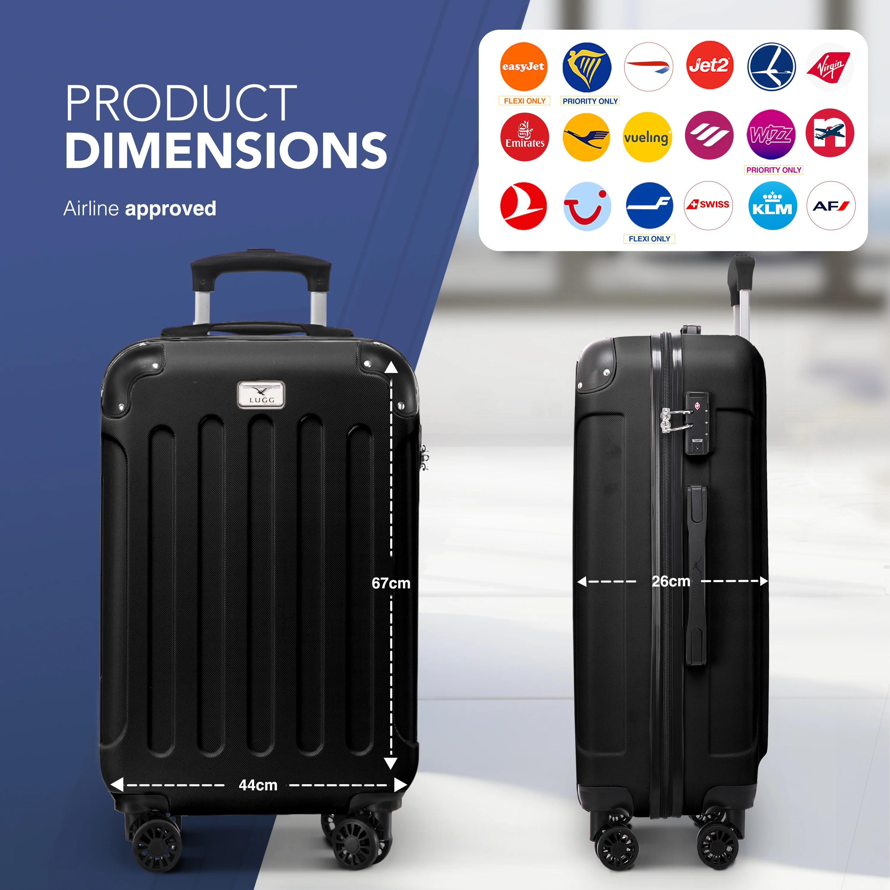 LUGG Skywander 24” Lightweight Underseat Cabin Bag - 67cm x 44cm x 26cm – EasyJet Approved Carry-On Suitcase, Durable ABS Hard Shell- Black - Image 2