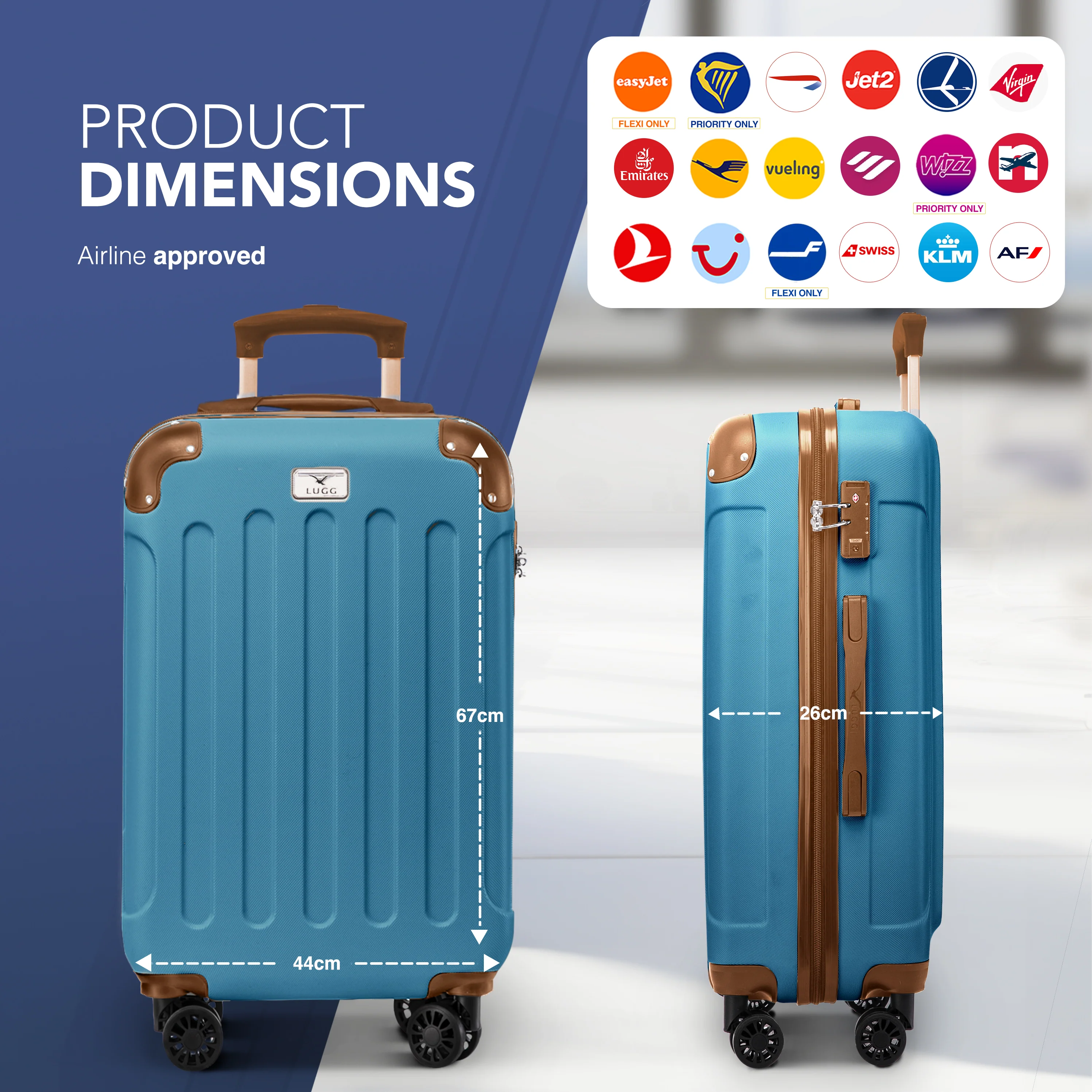 LUGG Skywander 24” Lightweight Underseat Cabin Bag - 67cm x 44cm x 26cm – EasyJet Approved Carry-On Suitcase, Durable ABS Hard Shell- Blue & Brown - Image 2