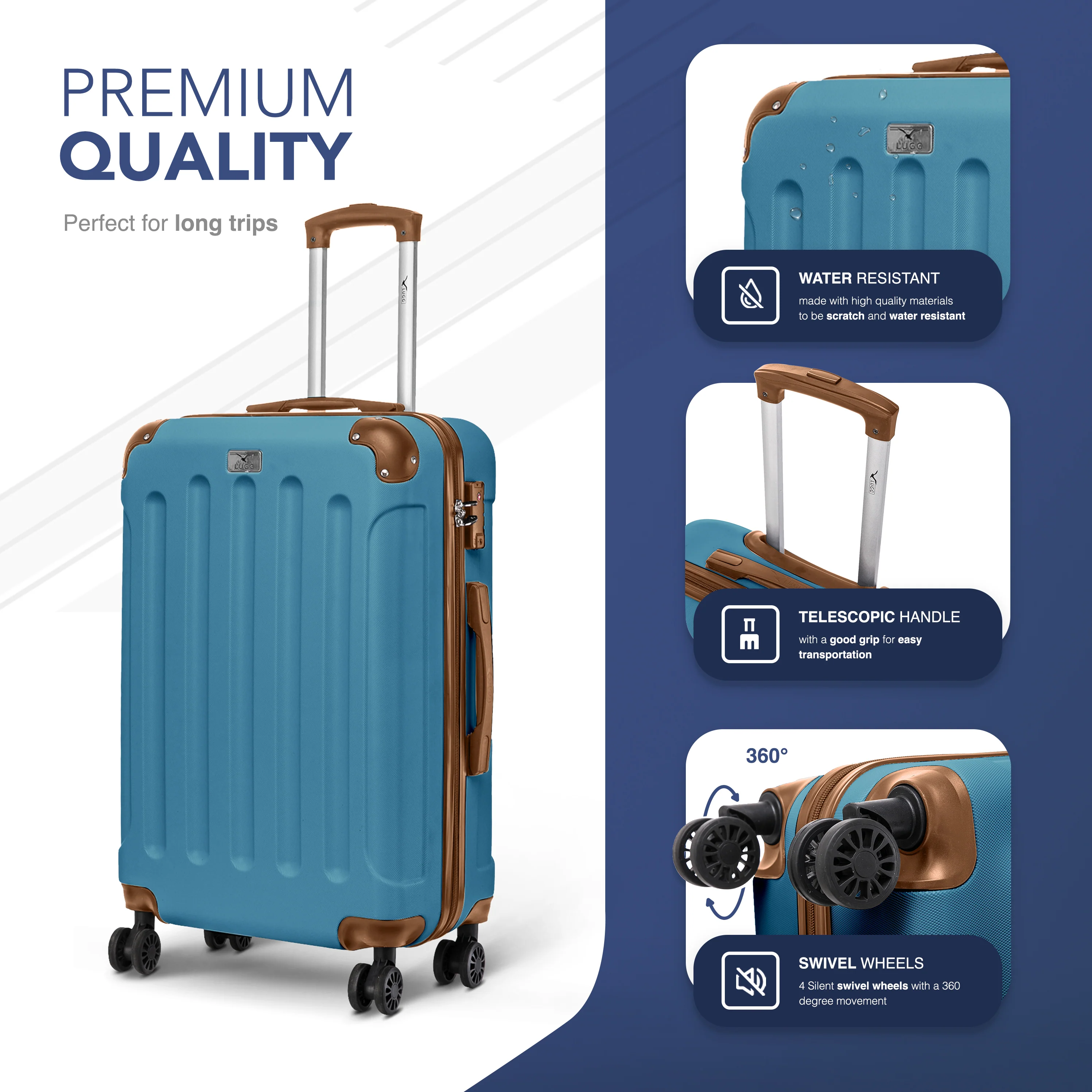LUGG Skywander 24” Lightweight Underseat Cabin Bag - 67cm x 44cm x 26cm – EasyJet Approved Carry-On Suitcase, Durable ABS Hard Shell- Blue & Brown - Image 3