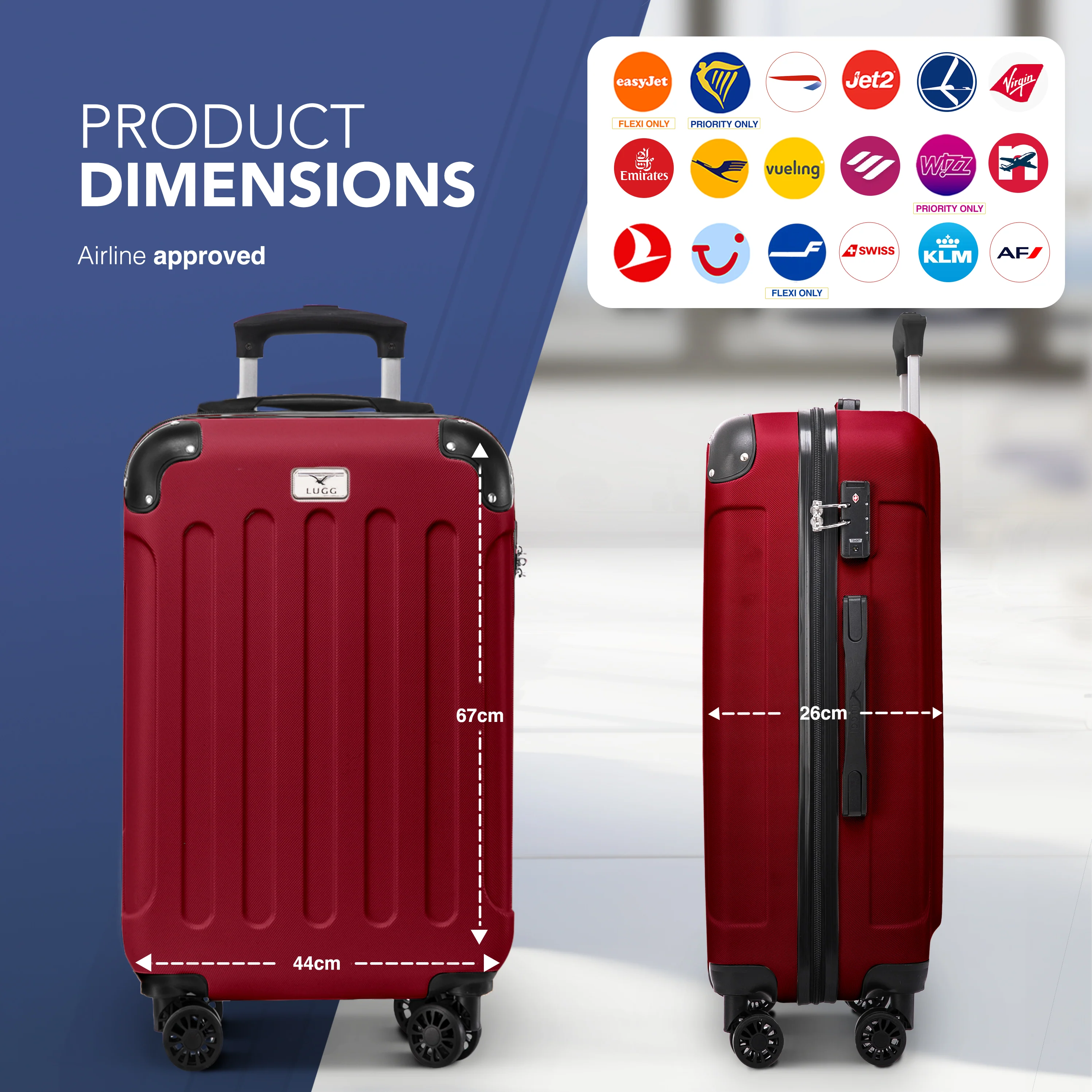 LUGG Skywander 24” Lightweight Underseat Cabin Bag - 67cm x 44cm x 26cm – EasyJet Approved Carry-On Suitcase, Durable ABS Hard Shell- Burgundy - Image 2
