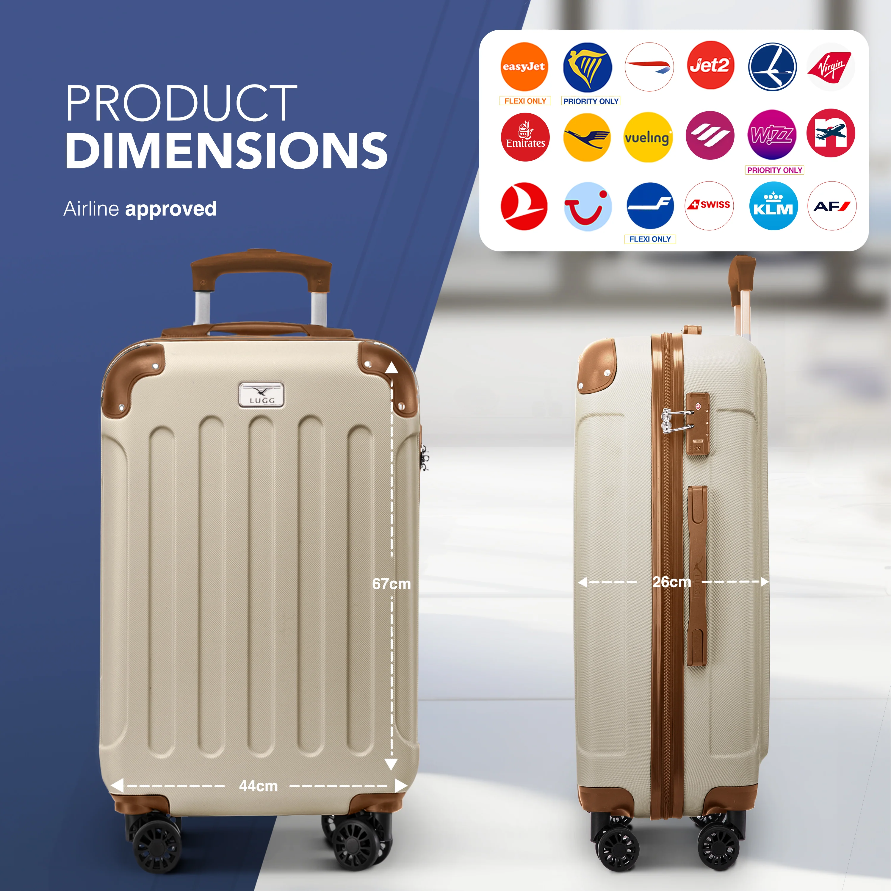LUGG Skywander 24” Lightweight Underseat Cabin Bag - 67cm x 44cm x 26cm – EasyJet Approved Carry-On Suitcase, Durable ABS Hard Shell- Cream & Brown - Image 2