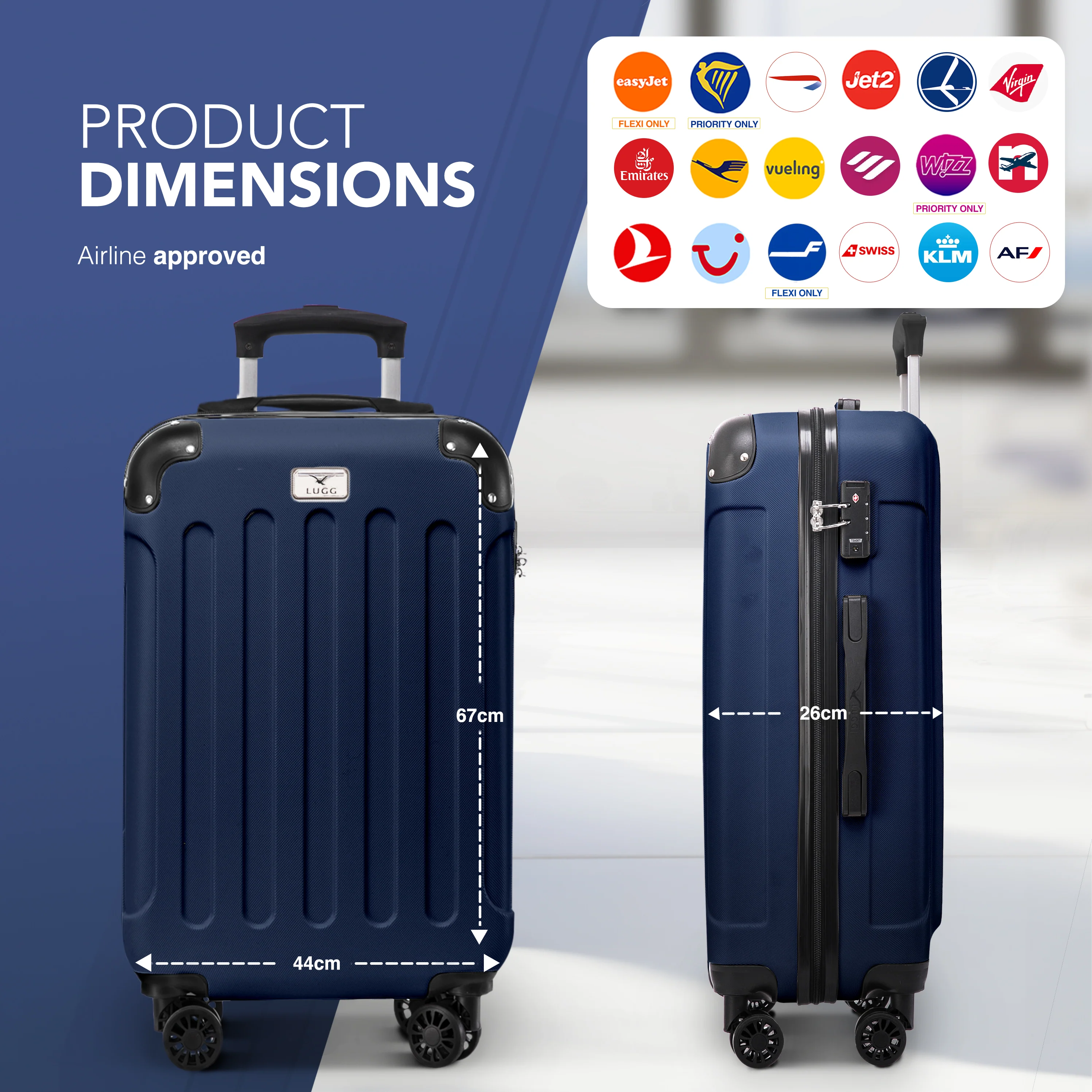 LUGG Skywander 24” Lightweight Underseat Cabin Bag - 67cm x 44cm x 26cm – EasyJet Approved Carry-On Suitcase, Durable ABS Hard Shell- Midnight Blue - Image 2