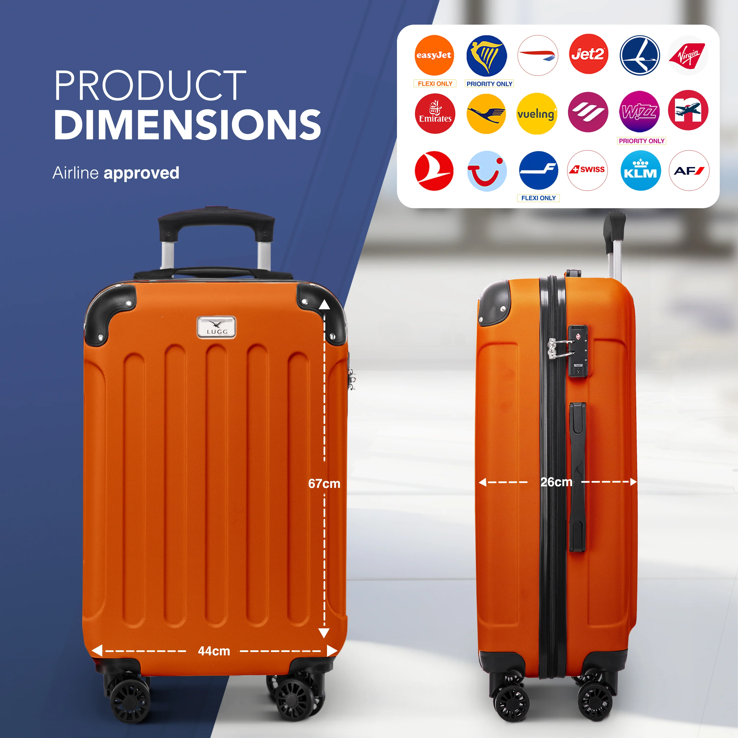 LUGG Skywander 24” Lightweight Underseat Cabin Bag - 67cm x 44cm x 26cm – EasyJet Approved Carry-On Suitcase, Durable ABS Hard Shell- Orange - Image 2