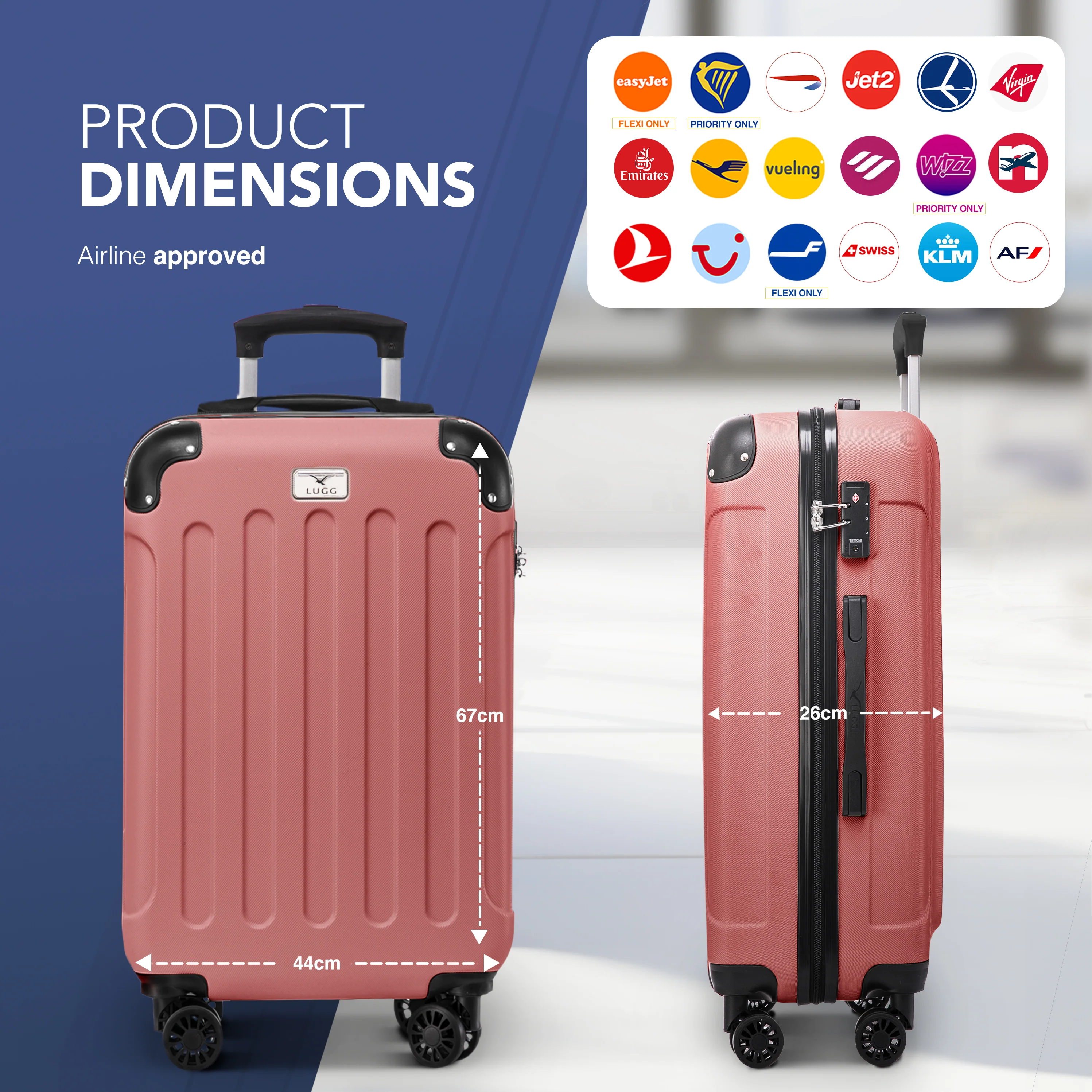LUGG Skywander 24” Lightweight Underseat Cabin Bag - 67cm x 44cm x 26cm – EasyJet Approved Carry-On Suitcase, Durable ABS Hard Shell- Rose Gold - Image 2