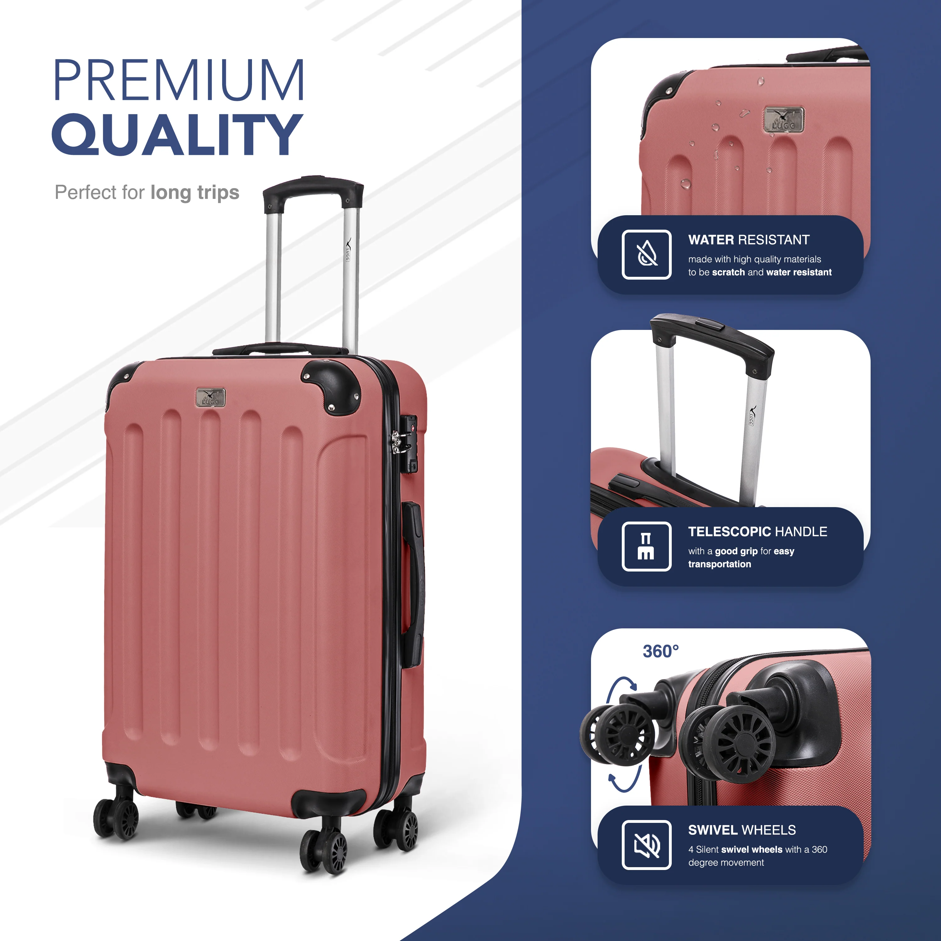 LUGG Skywander 24” Lightweight Underseat Cabin Bag - 67cm x 44cm x 26cm – EasyJet Approved Carry-On Suitcase, Durable ABS Hard Shell- Rose Gold - Image 3
