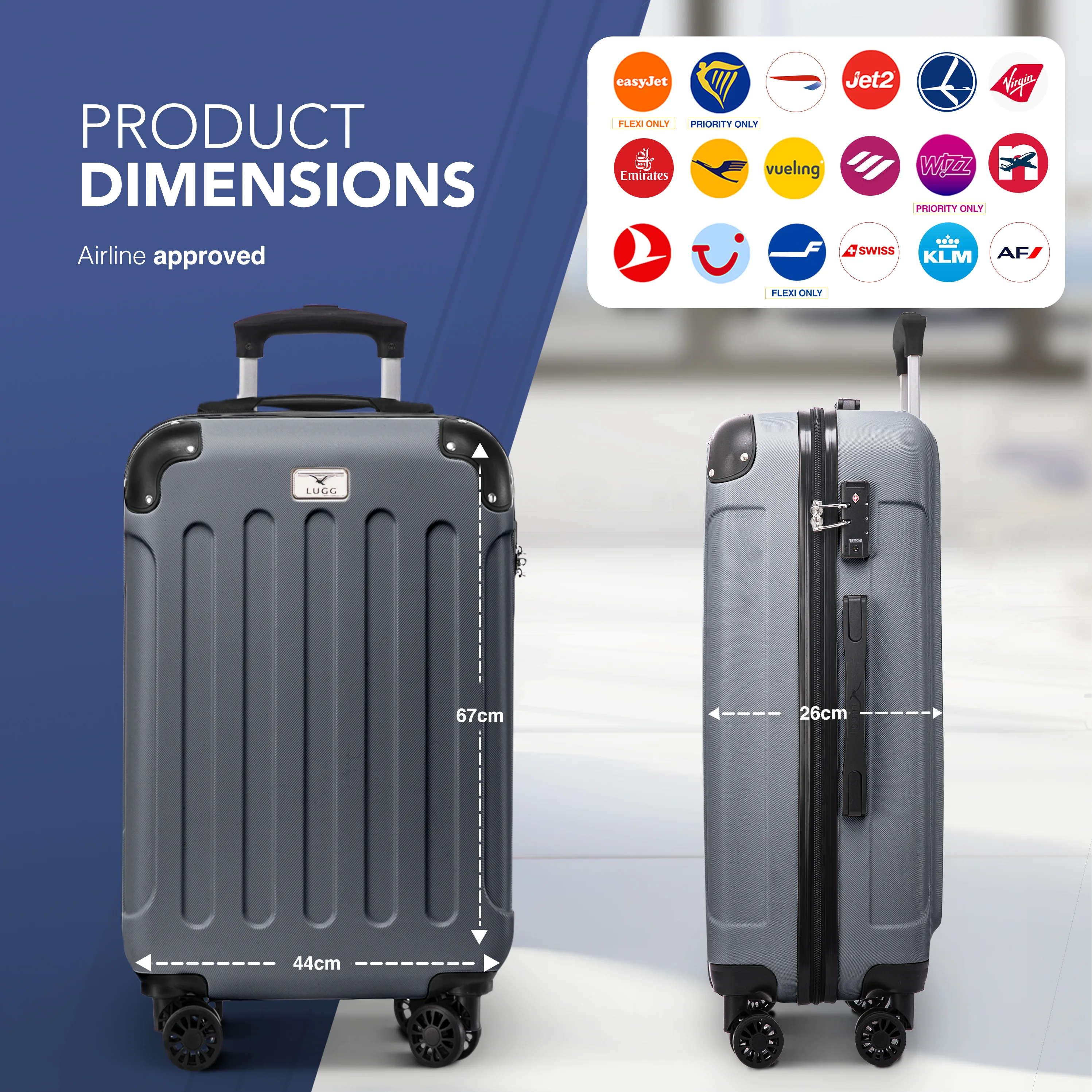 LUGG Skywander 24” Lightweight Underseat Cabin Bag - 67cm x 44cm x 26cm – EasyJet Approved Carry-On Suitcase, Durable ABS Hard Shell- Silver - Image 2