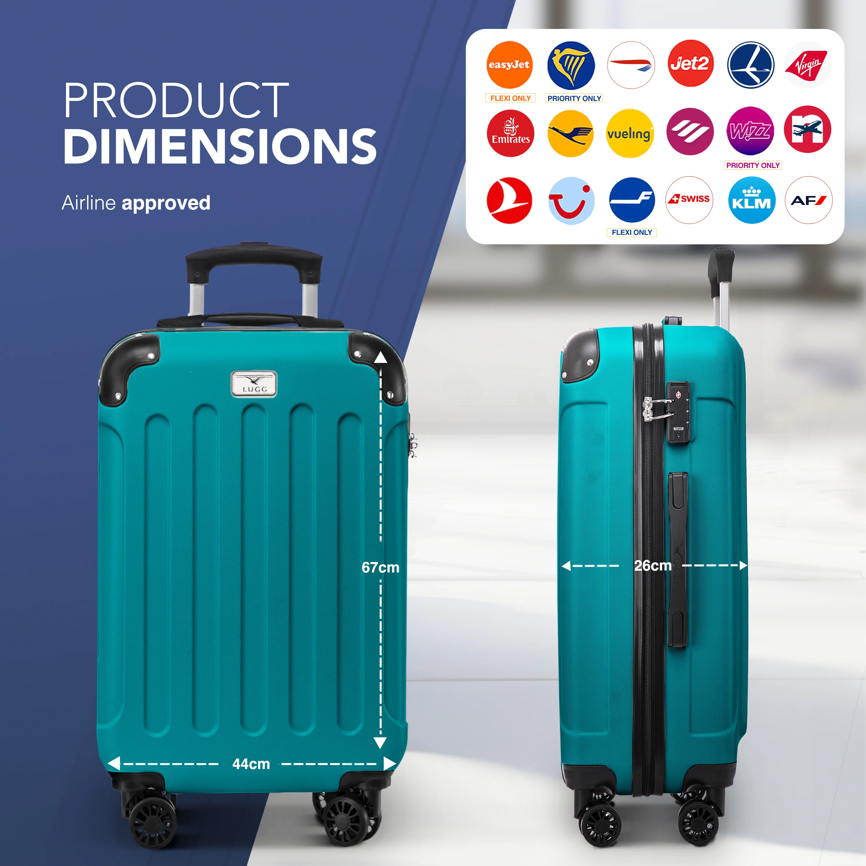 LUGG Skywander 24” Lightweight Underseat Cabin Bag - 67cm x 44cm x 26cm – EasyJet Approved Carry-On Suitcase, Durable ABS Hard Shell- Teal - Image 2