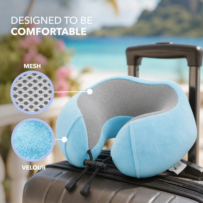 Memory Foam Travel Neck Pillow for Flights – Aqua - Image 3