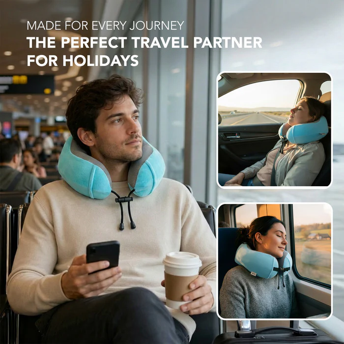 Memory Foam Travel Neck Pillow for Flights – Aqua - Image 5