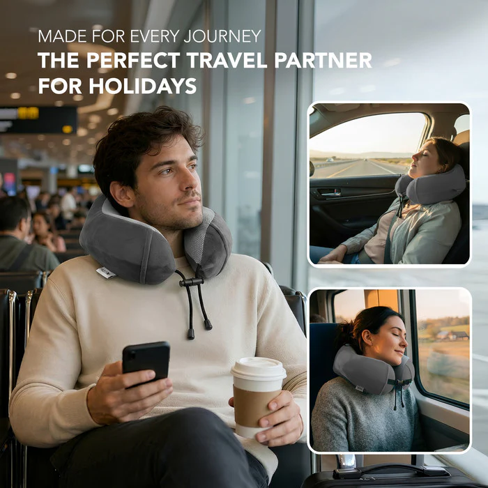 Memory Foam Travel Neck Pillow for Flights – Grey - Image 5