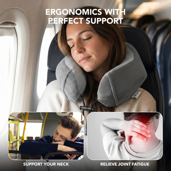 Memory Foam Travel Neck Pillow for Flights – Grey - Image 7