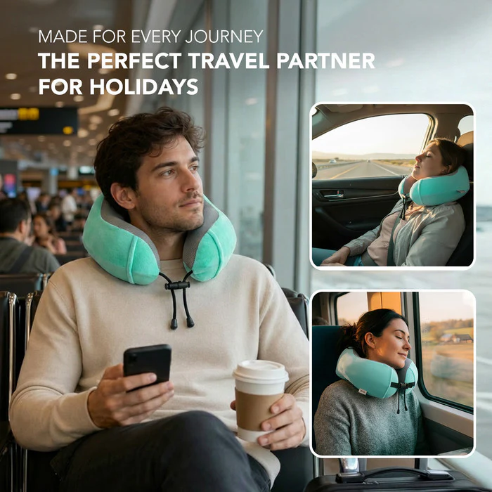 Memory Foam Travel Neck Pillow for Flights – Turquoise - Image 5