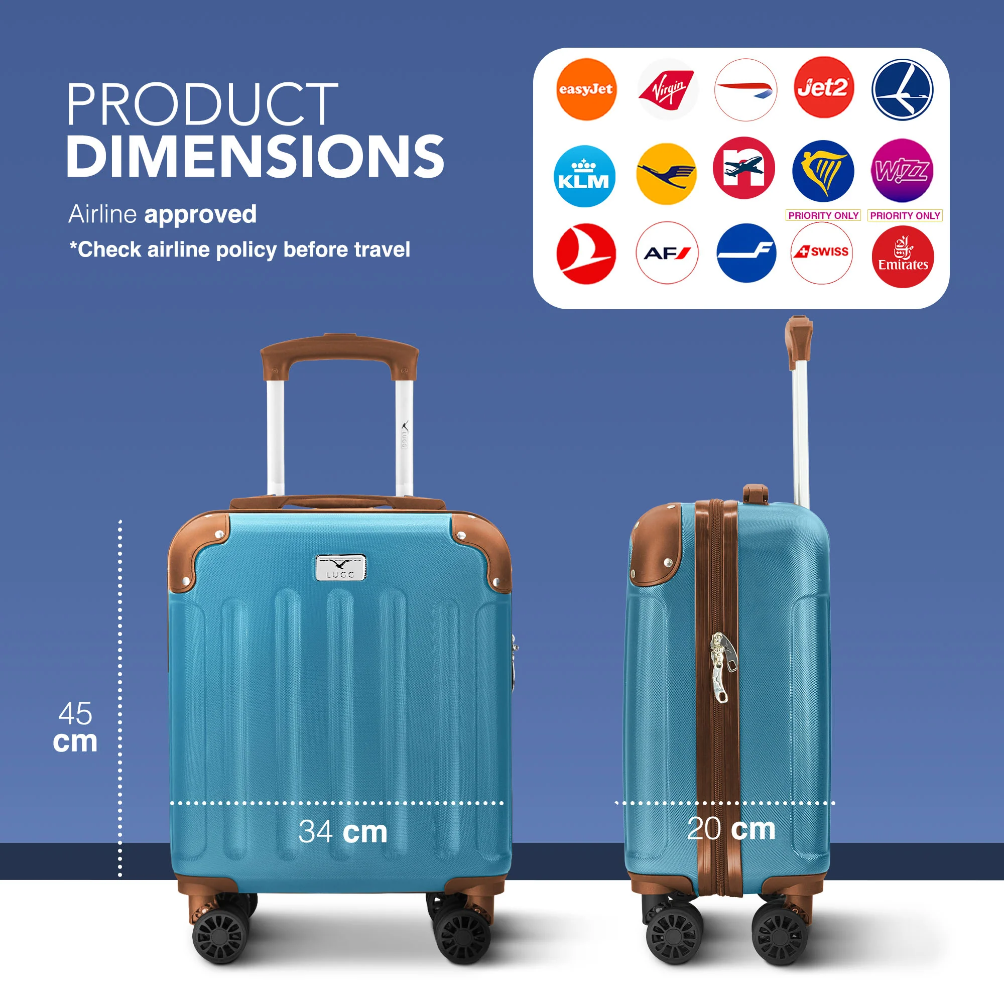 LUGG Skywander 15 Inch Lightweight Underseat Cabin Bag – EasyJet Approved Carry-On Suitcase, Durable ABS Hard Shell (45x34x20cm) - Blue & Brown - Image 2