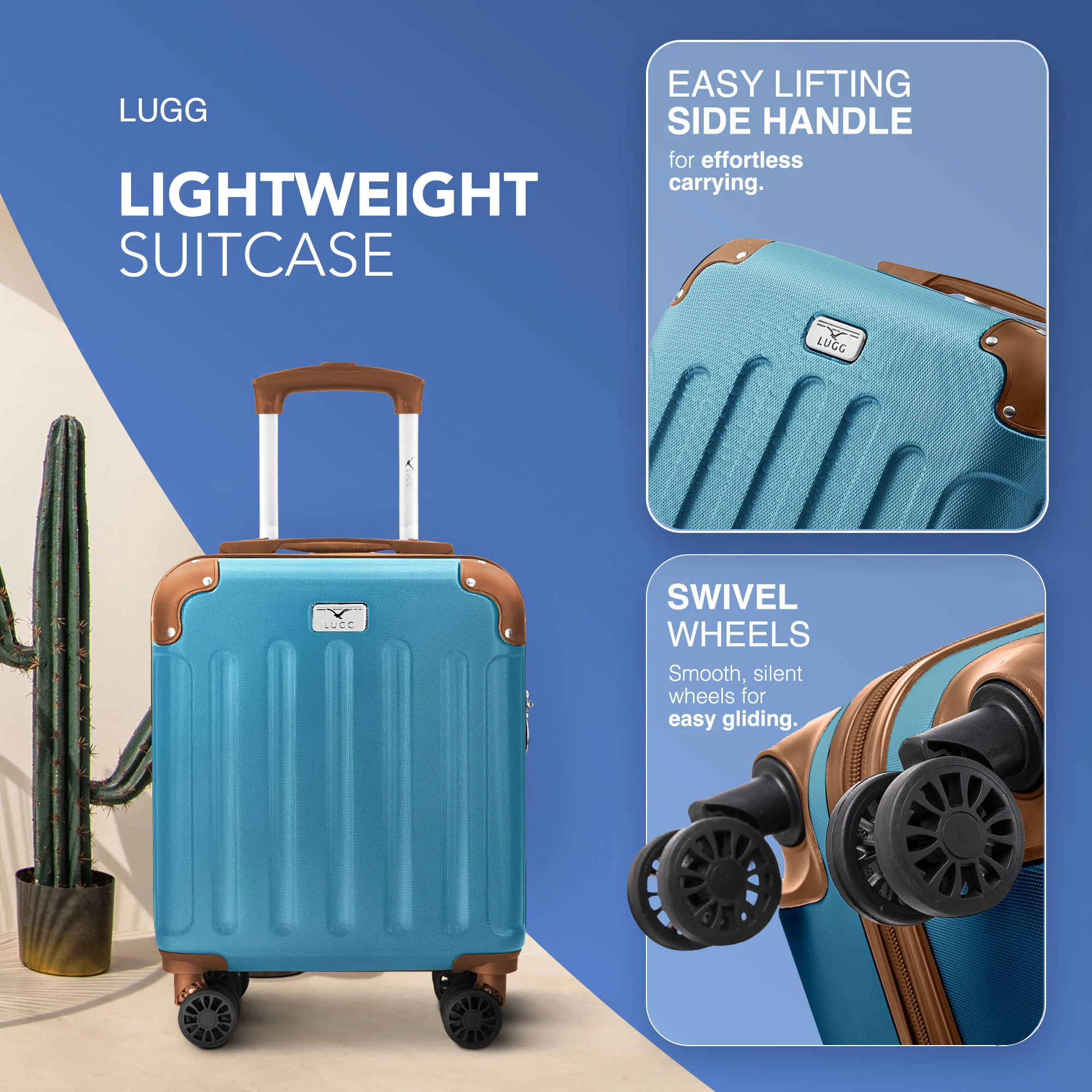 LUGG Skywander 15 Inch Lightweight Underseat Cabin Bag – EasyJet Approved Carry-On Suitcase, Durable ABS Hard Shell (45x34x20cm) - Blue & Brown - Image 3