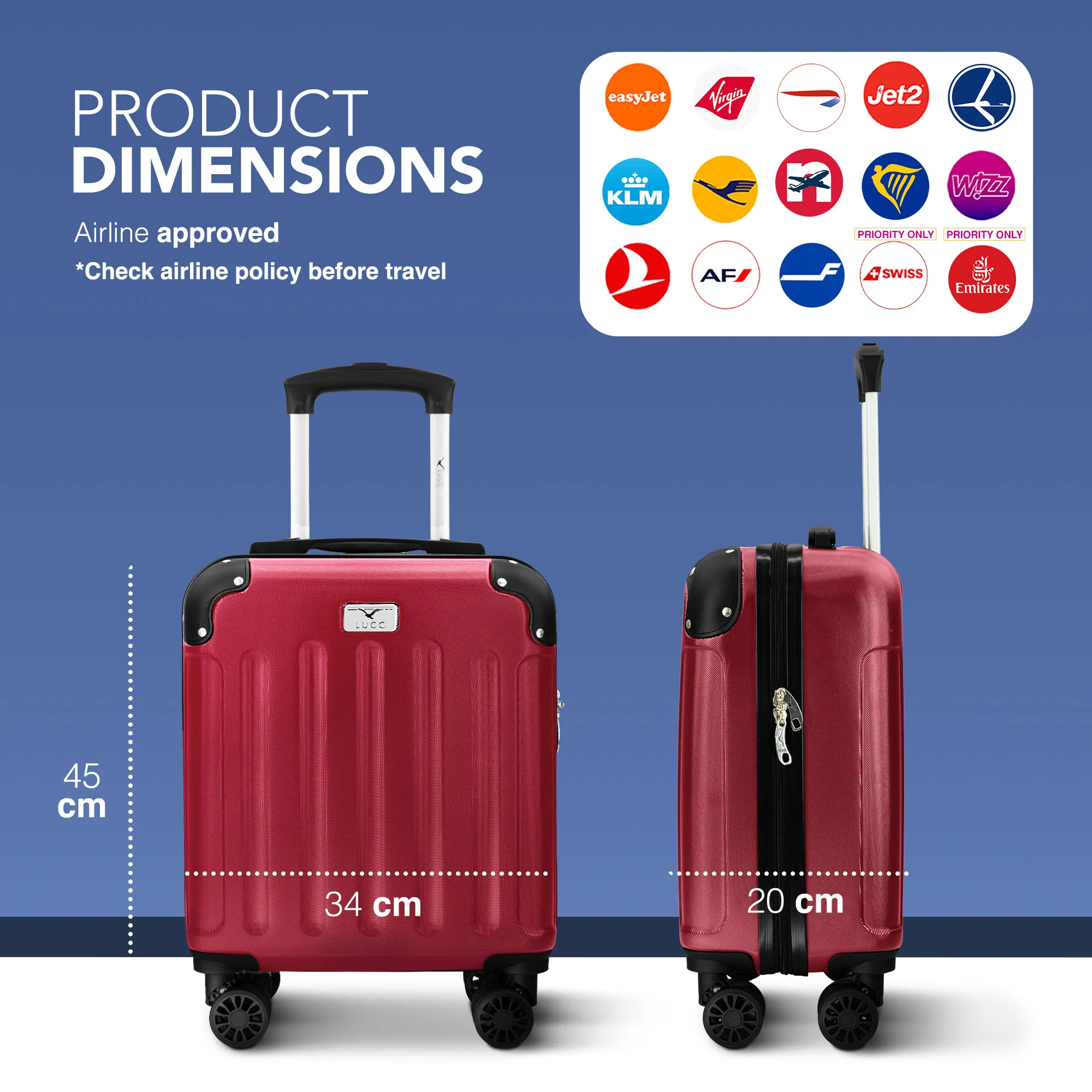 LUGG Skywander 15 Inch Lightweight Underseat Cabin Bag – EasyJet Approved Carry-On Suitcase, Durable ABS Hard Shell (45x34x20cm) - Burgundy - Image 2