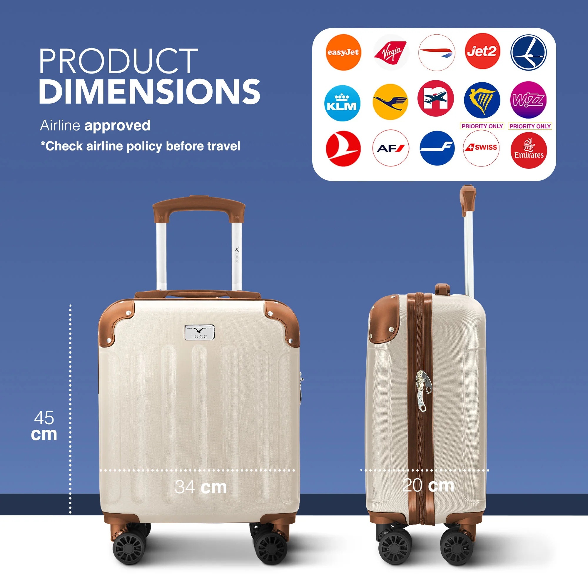 LUGG Skywander 15 Inch Lightweight Underseat Cabin Bag – EasyJet Approved Carry-On Suitcase, Durable ABS Hard Shell (45x34x20cm) - Cream & Brown - Image 2