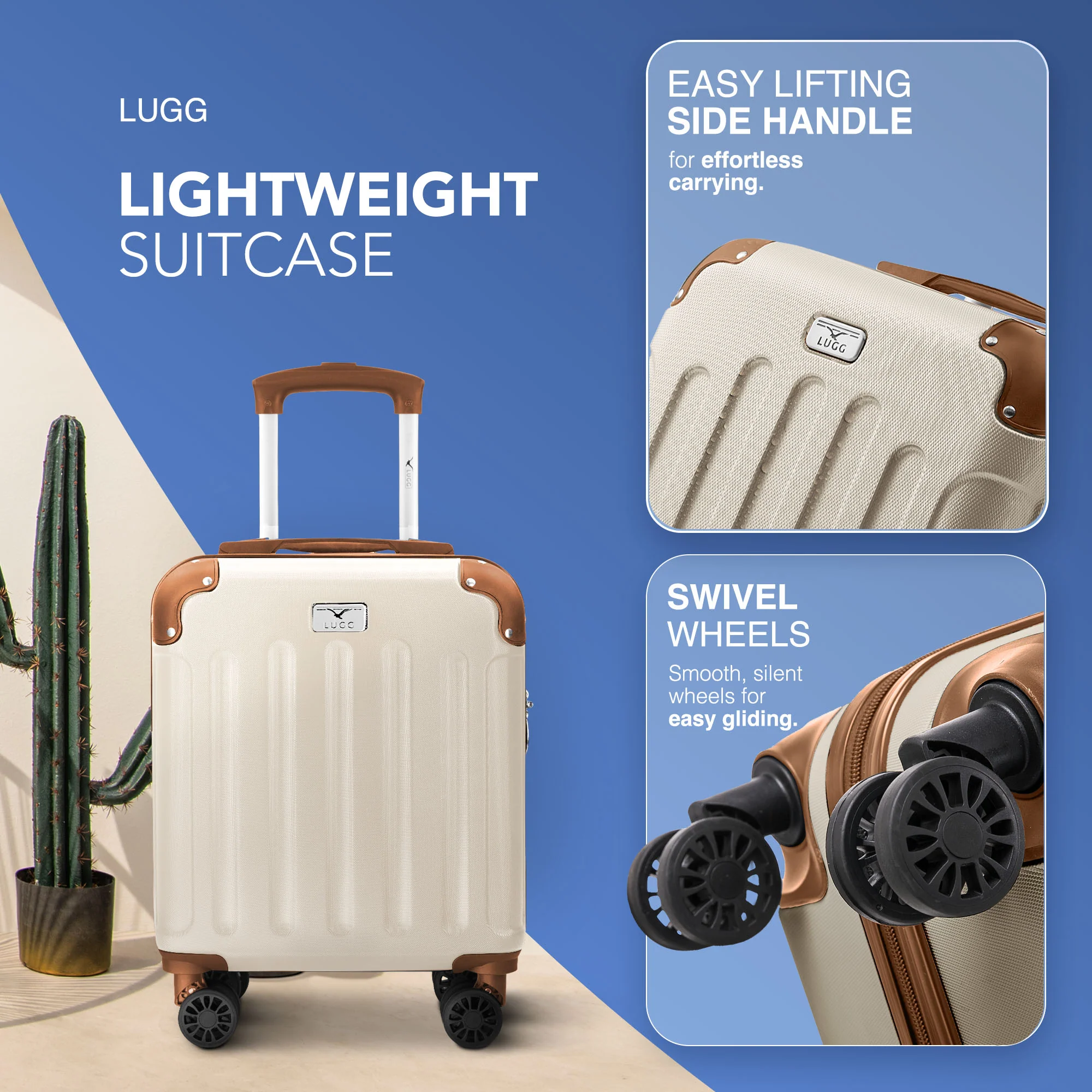 LUGG Skywander 15 Inch Lightweight Underseat Cabin Bag – EasyJet Approved Carry-On Suitcase, Durable ABS Hard Shell (45x34x20cm) - Cream & Brown - Image 3