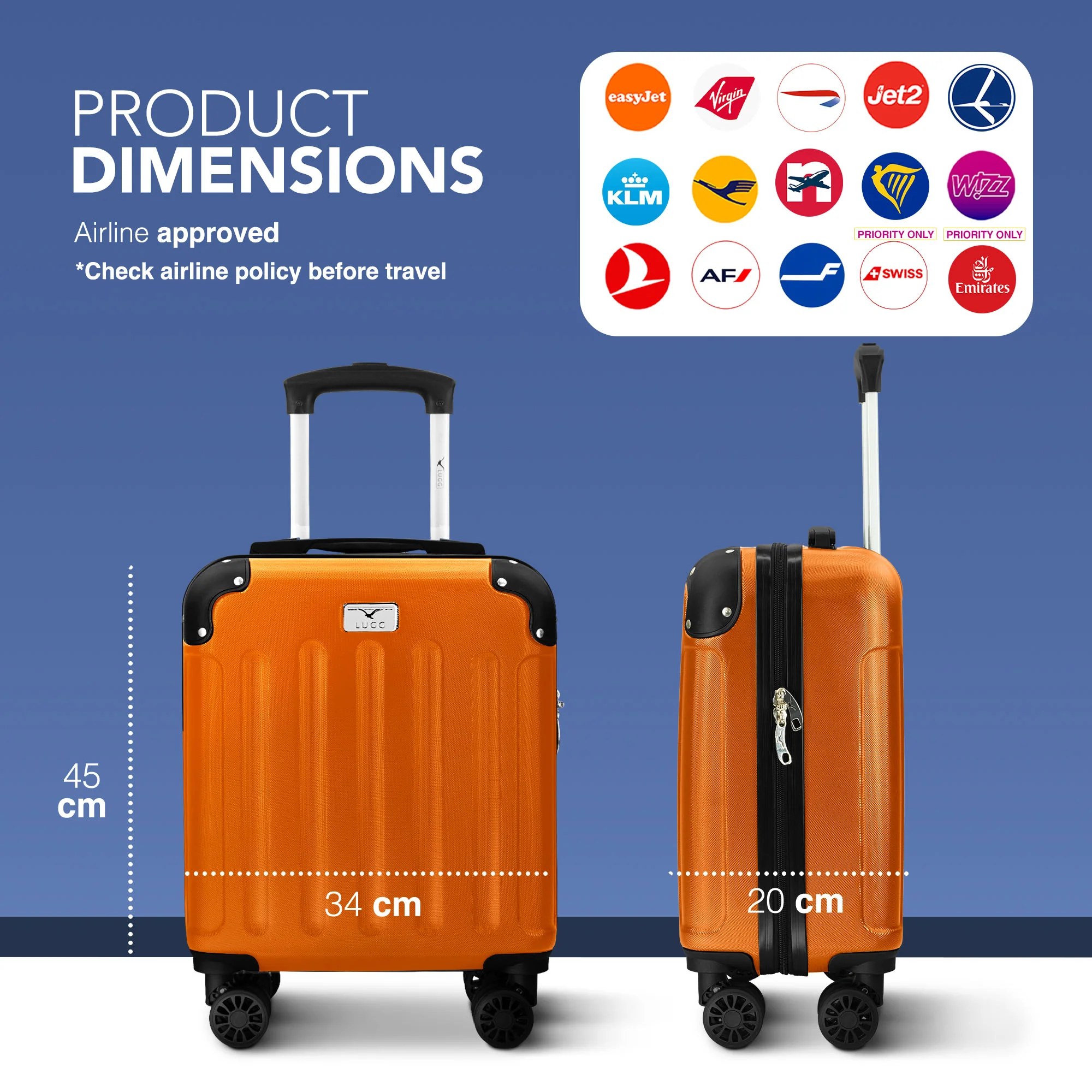 LUGG Skywander 15 Inch Lightweight Underseat Cabin Bag – EasyJet Approved Carry-On Suitcase, Durable ABS Hard Shell (45x34x20cm) - Orange - Image 2
