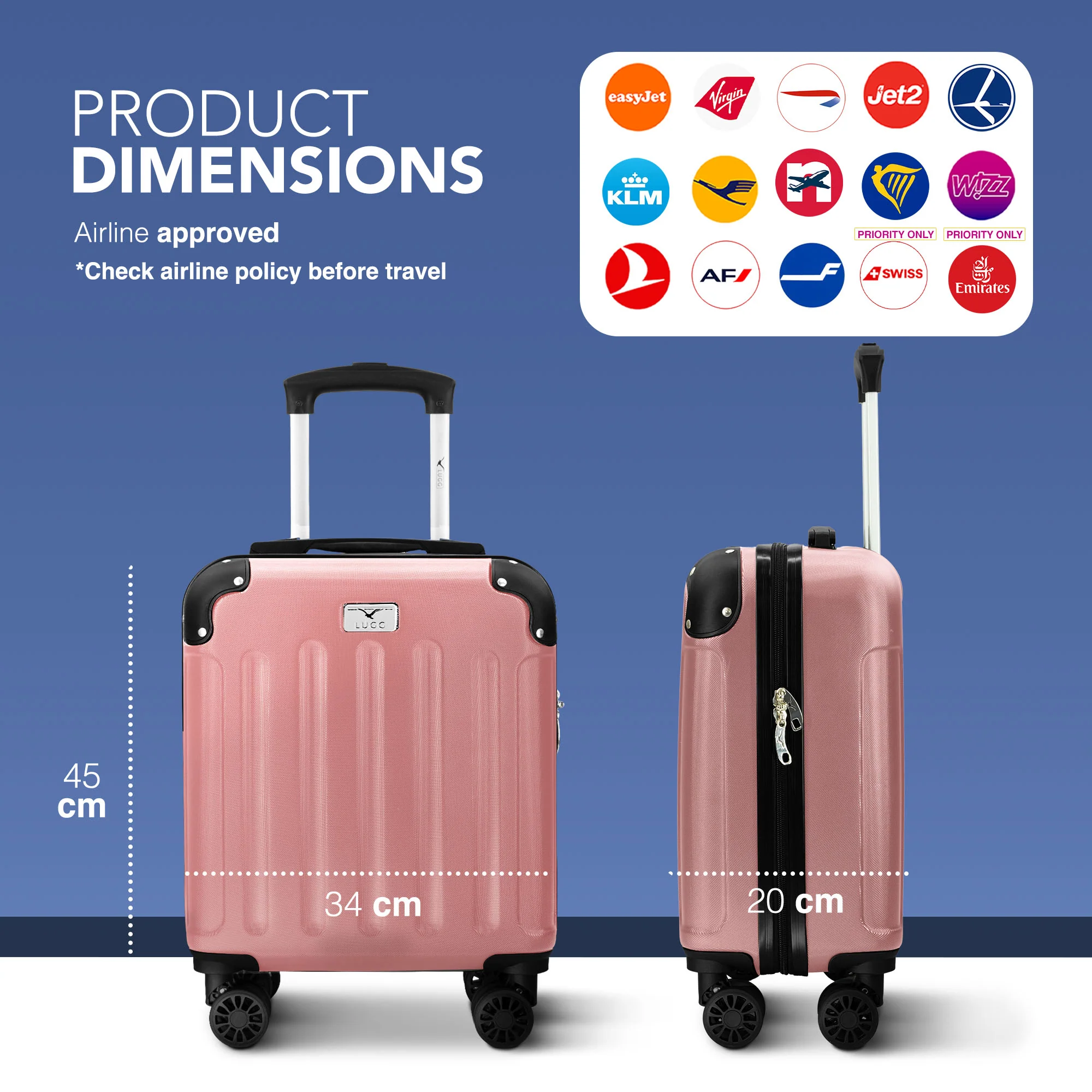 LUGG Skywander 15 Inch Lightweight Underseat Cabin Bag – EasyJet Approved Carry-On Suitcase, Durable ABS Hard Shell (45x34x20cm) - Rose Gold - Image 3