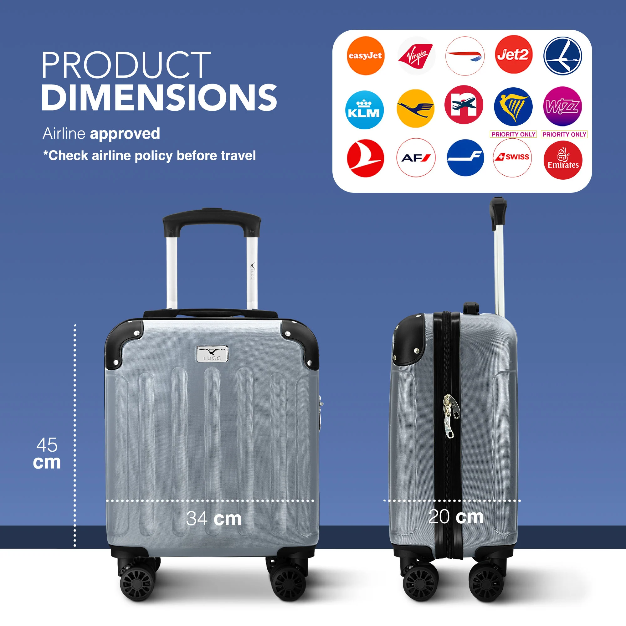 LUGG Skywander 15 Inch Lightweight Underseat Cabin Bag – EasyJet Approved Carry-On Suitcase, Durable ABS Hard Shell (45x34x20cm) - Silver - Image 2