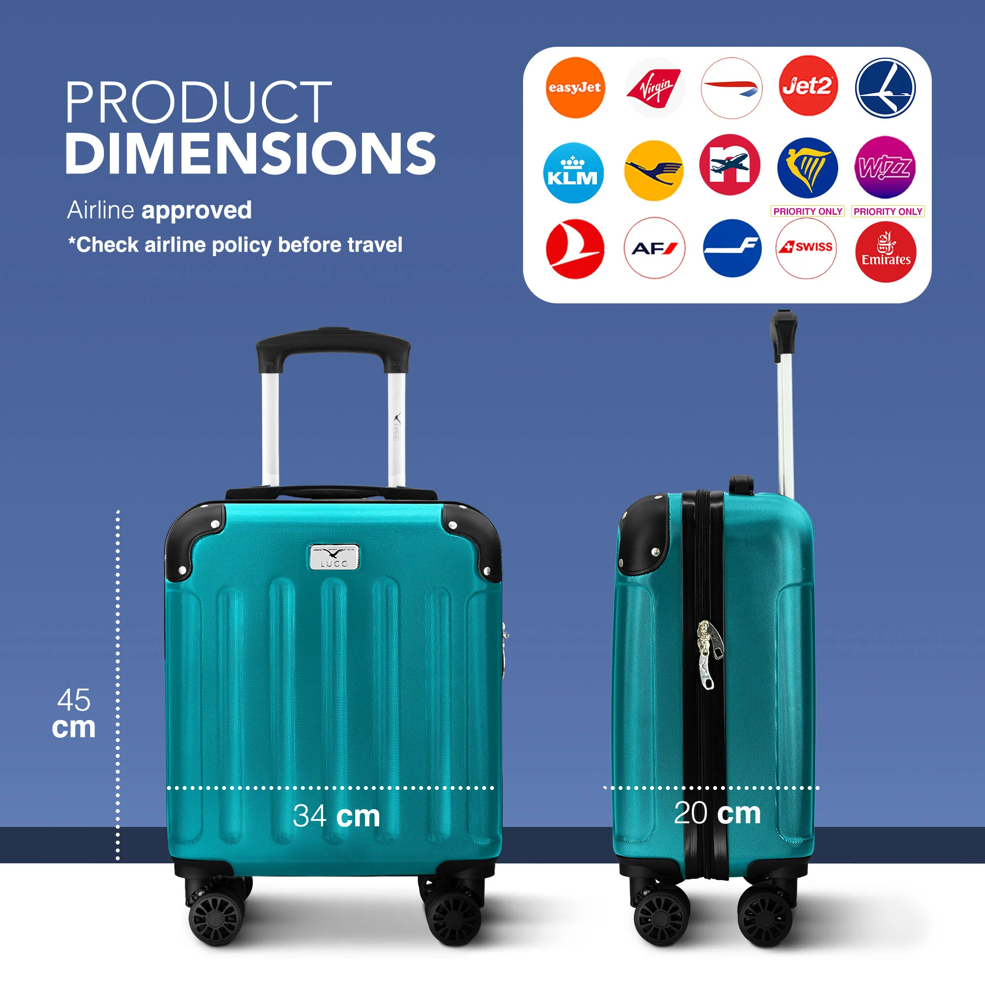 LUGG Skywander 15 Inch Lightweight Underseat Cabin Bag – EasyJet Approved Carry-On Suitcase, Durable ABS Hard Shell (45x34x20cm) - Teal - Image 2