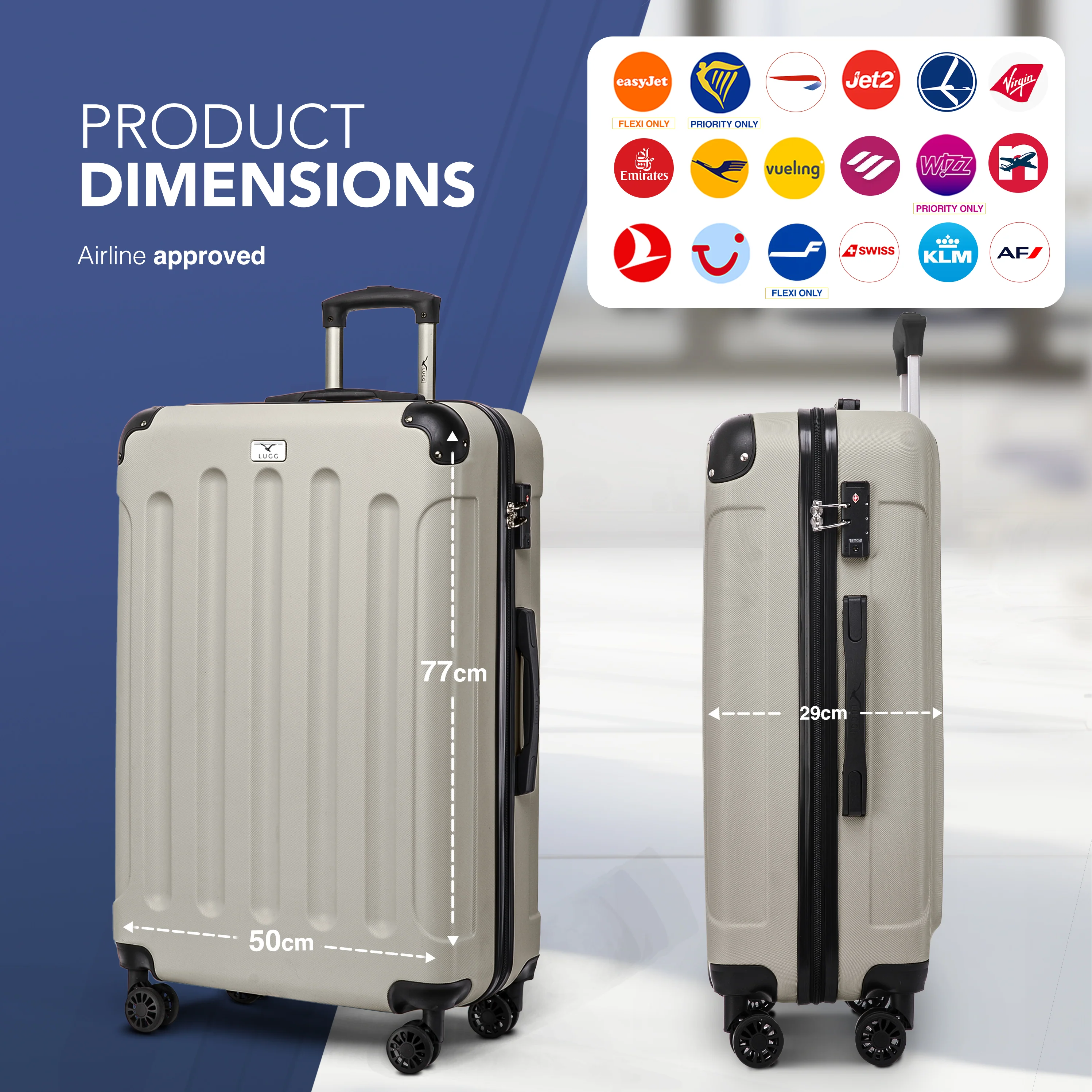 LUGG Skywander 28” Lightweight Luggage - 77cm x 50cm x 29cm - Strong & Lightweight with Secure TSA Lock, Smooth 360° Wheels & Resilient Handle- Beige - Image 2