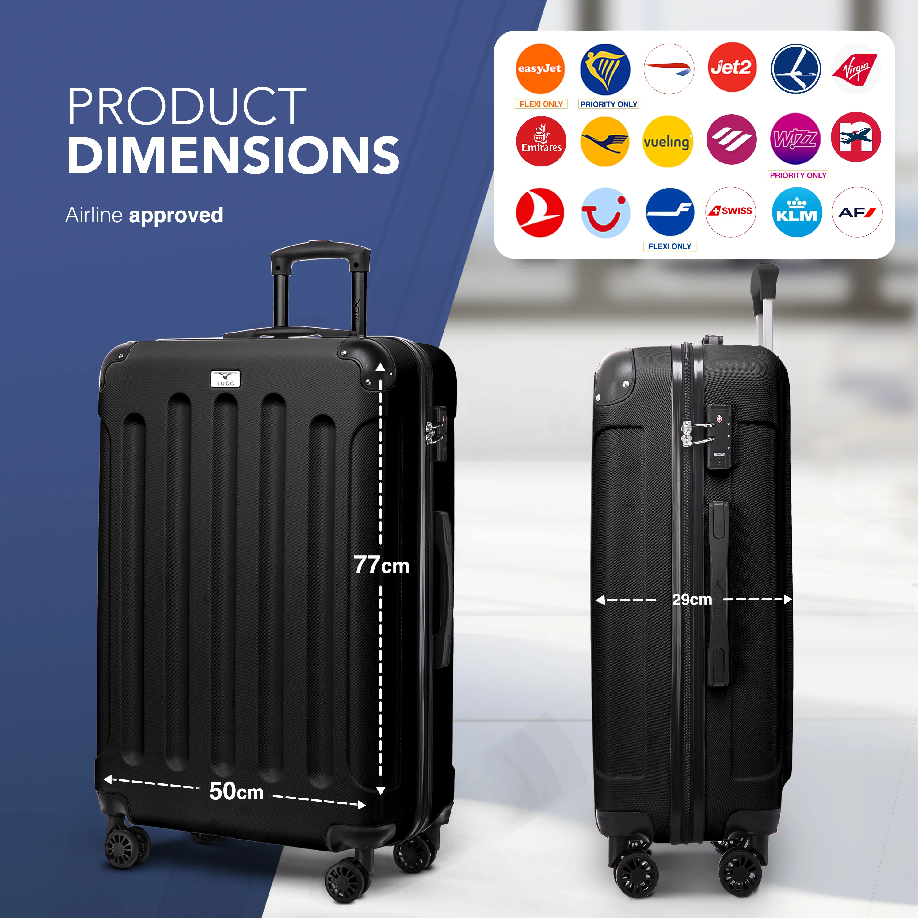 LUGG Skywander 28” Lightweight Luggage - 77cm x 50cm x 29cm - Strong & Lightweight with Secure TSA Lock, Smooth 360° Wheels & Resilient Handle- Black - Image 2