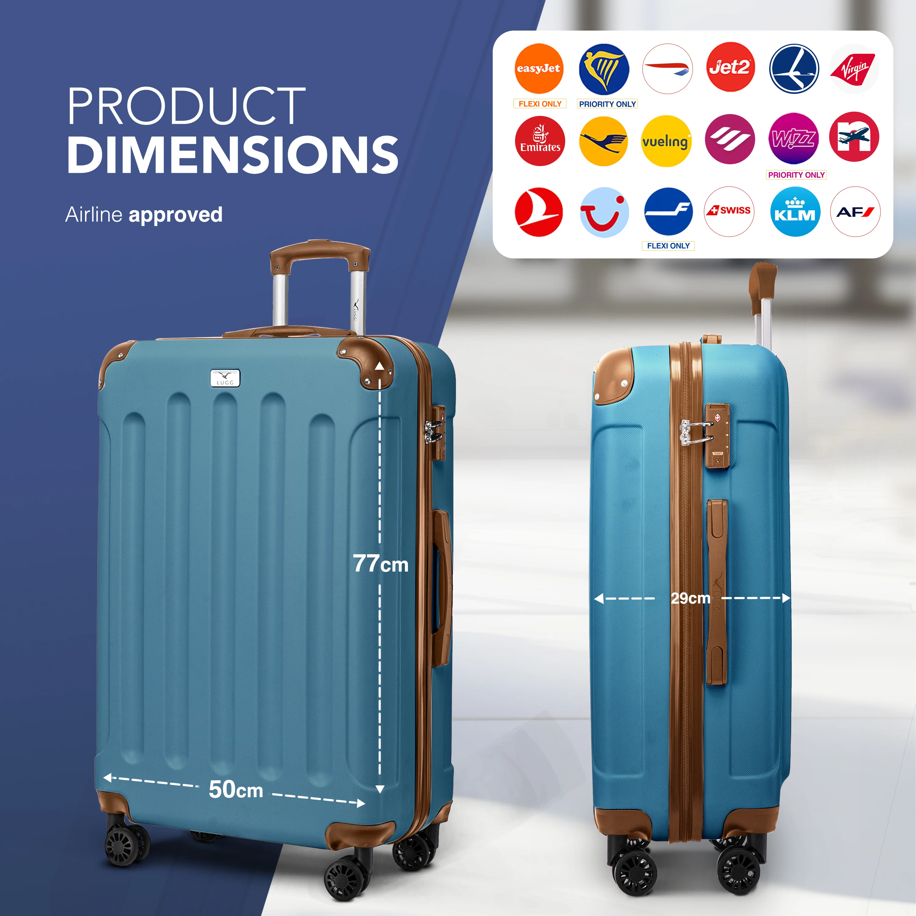 LUGG Skywander 28” Lightweight Luggage - 77cm x 50cm x 29cm - Strong & Lightweight with Secure TSA Lock, Smooth 360° Wheels & Resilient Handle- Blue & Brown - Image 2