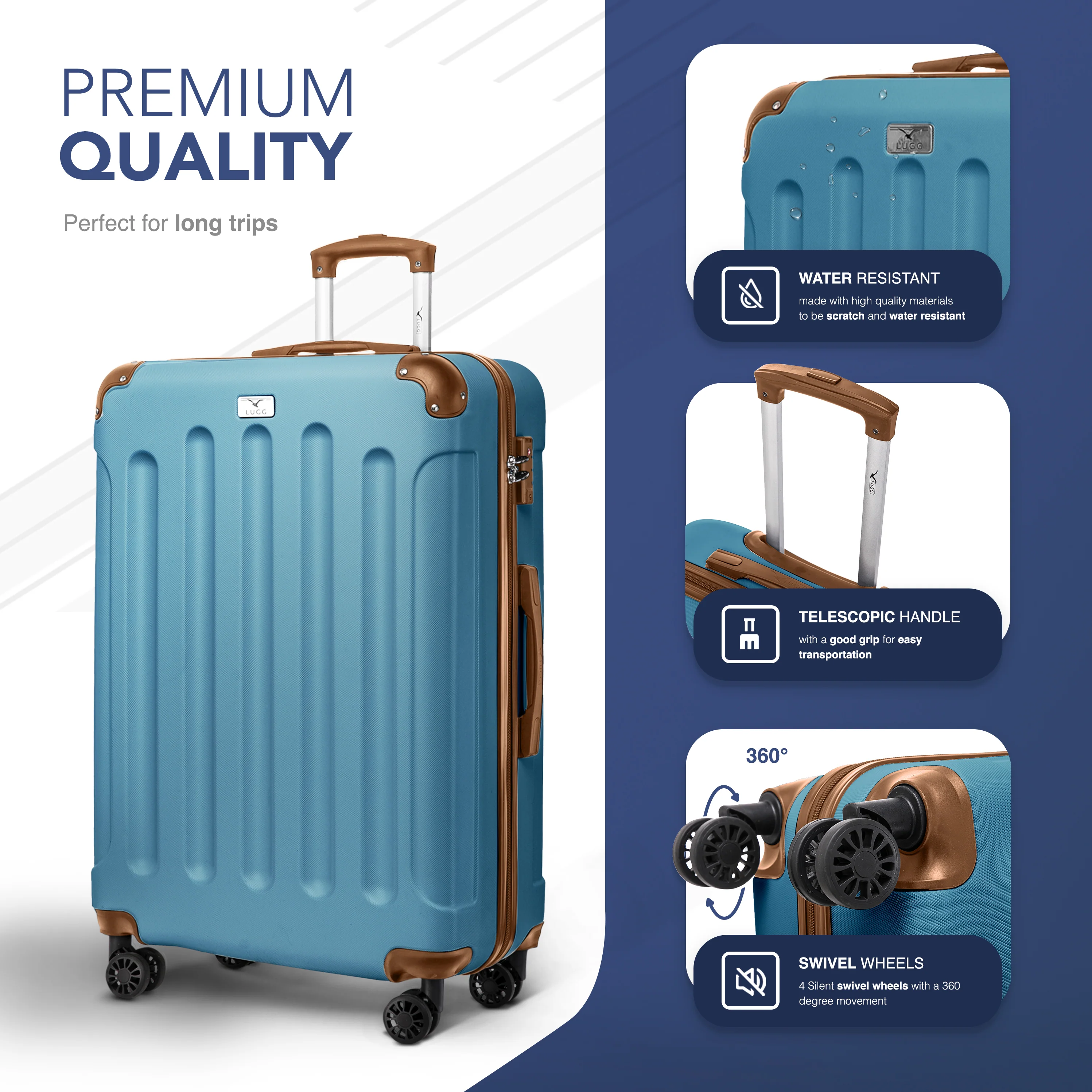 LUGG Skywander 28” Lightweight Luggage - 77cm x 50cm x 29cm - Strong & Lightweight with Secure TSA Lock, Smooth 360° Wheels & Resilient Handle- Blue & Brown - Image 3
