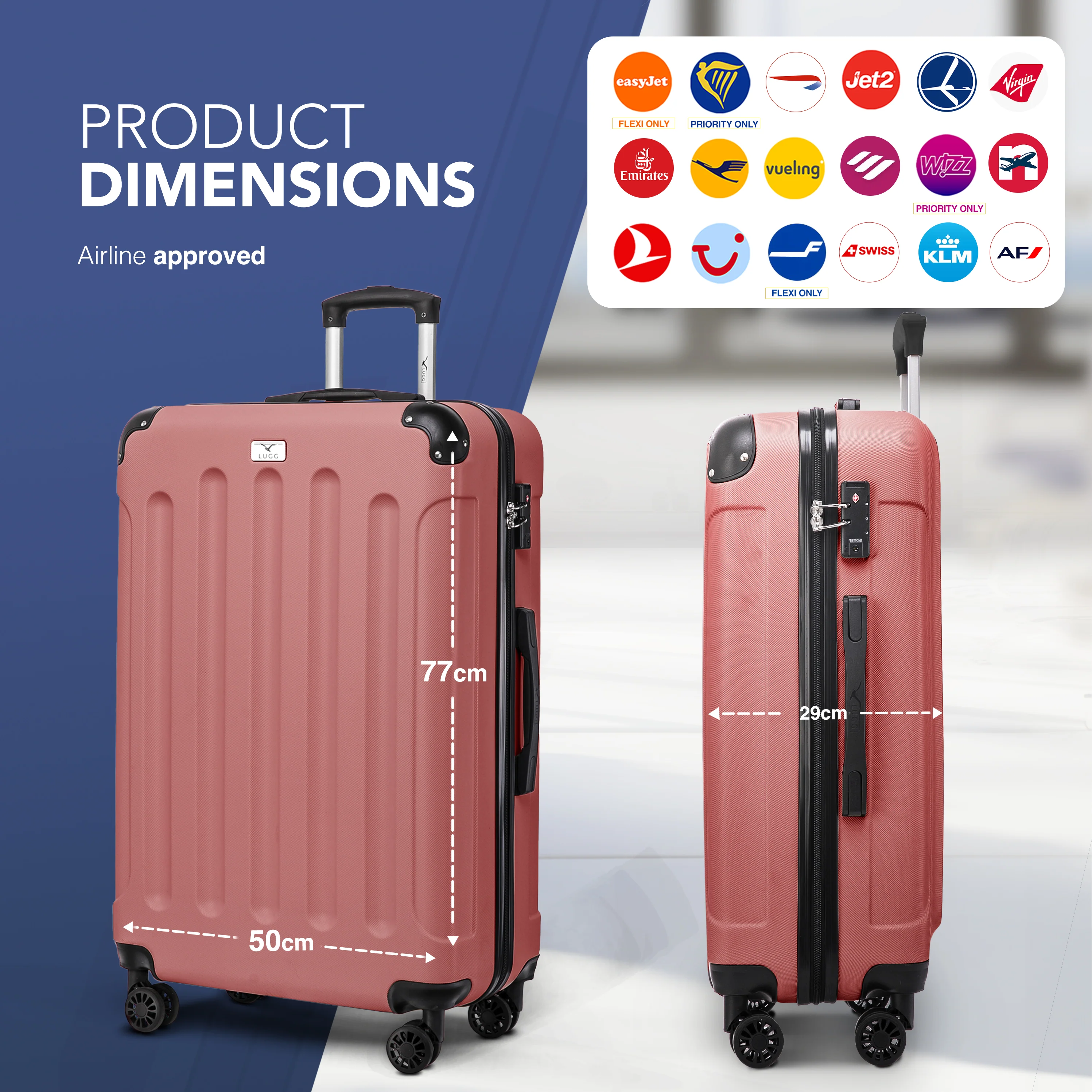 LUGG Skywander 28” Lightweight Luggage - 77cm x 50cm x 29cm - Strong & Lightweight with Secure TSA Lock, Smooth 360° Wheels & Resilient Handle- Rose Gold - Image 2