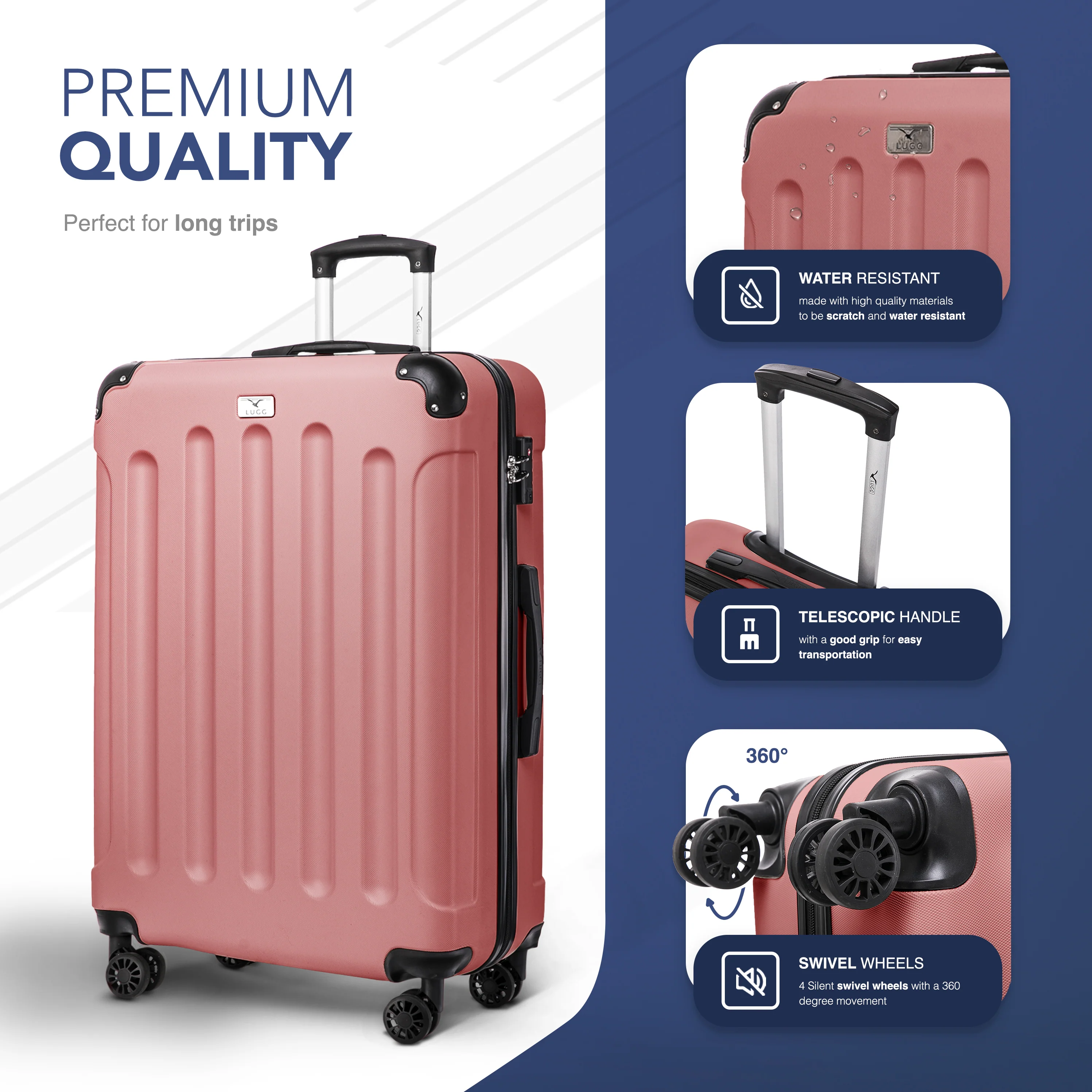 LUGG Skywander 28” Lightweight Luggage - 77cm x 50cm x 29cm - Strong & Lightweight with Secure TSA Lock, Smooth 360° Wheels & Resilient Handle- Rose Gold - Image 3