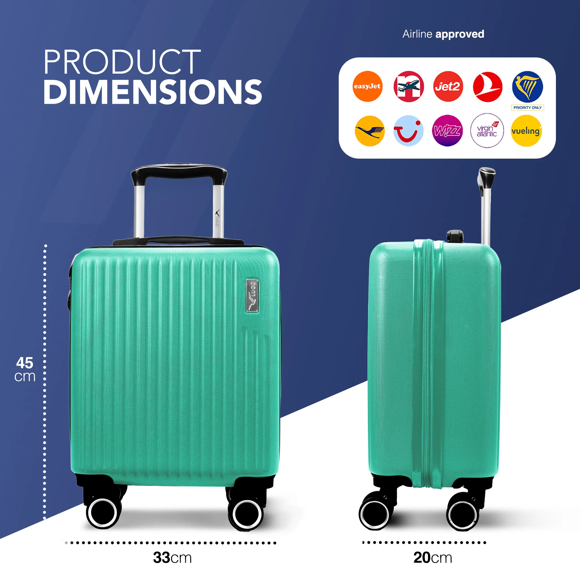 Vacay 15” Suitcase ABS Luggage, Aluminium Trolley Handle, 360° Spinner Wheels - Airline Compatible (45 x 33x 20cm) - Mint - Image 2