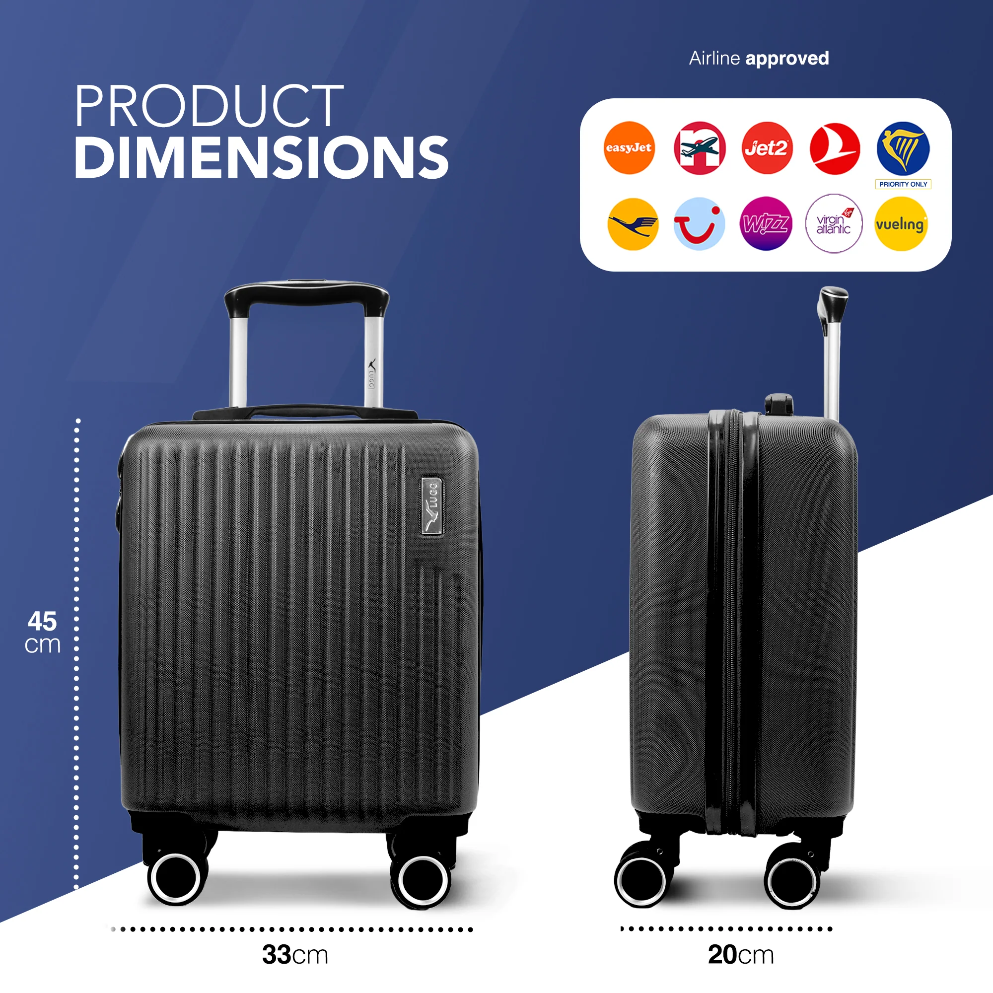 Vacay 15” Suitcase ABS Luggage, Aluminium Trolley Handle, 360° Spinner Wheels - Airline Compatible (45 x 33x 20cm) - Shadow - Image 2